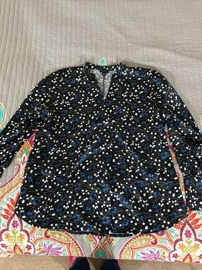 Ann Taylor Black Long Sleeve V-Neck Blouse with Blue & White Floral Print
